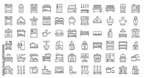 Commercial Kitchen Equipment Icon Set, Food Service Appliances Outline Vector Collection