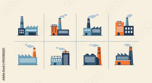 Collection of Industrial Factory Buildings with Smoke Stacks.