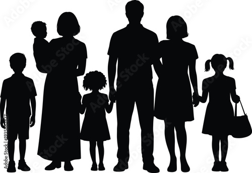 Family silhouette with parents and children standing together, diverse household group isolated on white background representing love, unity and togetherness