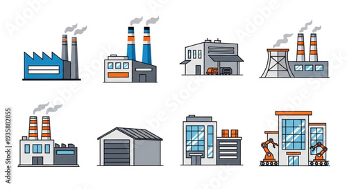 Collection of Industrial Factory Buildings with Smoke Stacks.