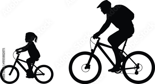 Father and daughter cycling silhouette, parent teaching child to ride bicycle, family outdoor activity, parenting moment, biking together vector illustration isolated on white