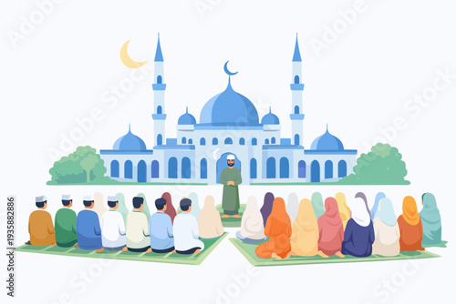 Muslim community praying together in front of mosque, illustration representing faith and spirituality.