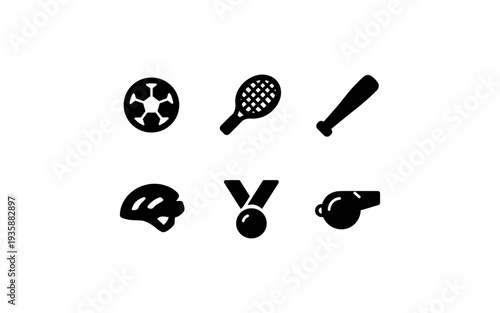 Collection of sports equipment icons including a soccer ball, tennis racket, baseball bat, helmet, medal, and whistle