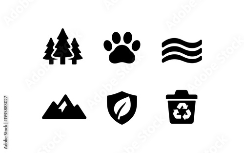 Set of icons representing nature, wildlife, and environmental protection concepts