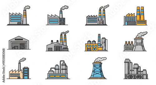 Collection of Industrial Factory Buildings with Smoke Stacks.