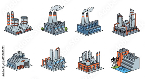 Collection of Industrial Factory Buildings with Smoke Stacks.