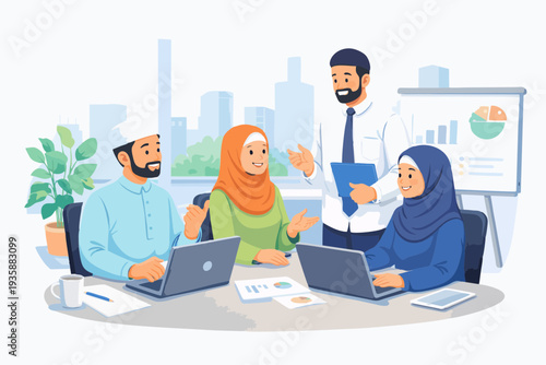 Muslim professionals discussing business strategy in modern office, flat illustration representing teamwork.