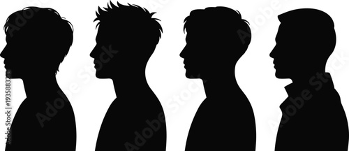 Male profile head silhouettes set with different hairstyles, side view man portrait vector collection isolated for avatar design, barber style and identity illustration