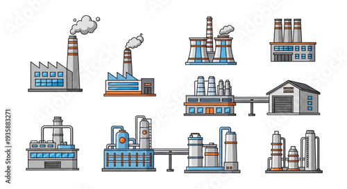Collection of Industrial Factory Buildings with Smoke Stacks.
