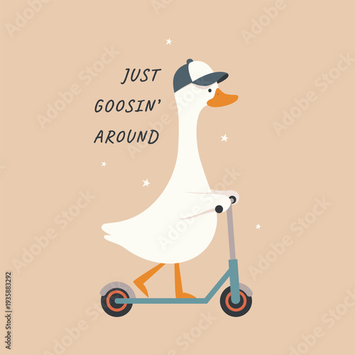Just Goosin' Around Illustration with a Cute Goose Riding a Scooter. Adorable Hand Drawn Animal Wall Art for Nursery Decor, Kids Apparel, and Playful Greeting Cards. Vector Art.