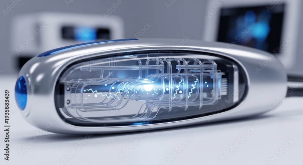 Obraz premium Sleek handheld diagnostic tool features internal glowing circuitry.