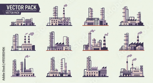 Collection of Industrial Factory Buildings with Smoke Stacks Vector Pack.