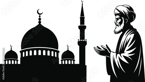 Muslim prayer silhouette with mosque dome and minaret, Islamic worship concept, religious man making dua, Ramadan spirituality vector illustration
