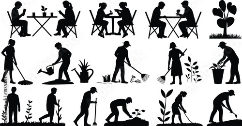 People gardening and outdoor activity silhouettes set with planting, watering, raking and relaxing couple, gardening lifestyle vector collection for nature, hobby and landscape design