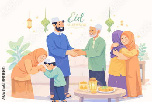 Muslim families greeting each other during Eid celebration.