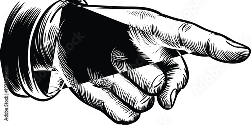 Pointing hand vintage engraving illustration, human finger pointing gesture symbol, retro hand drawn style directional sign vector isolated