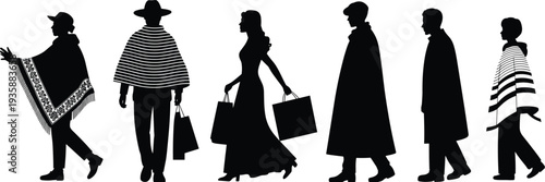 Poncho clothing silhouette collection, people wearing traditional cape garments and shopping bags, cultural fashion outfit set, walking figures vector illustration isolated