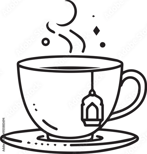 Hot steaming tea cup with mint leaves illustration minimalist white background