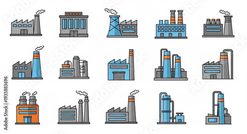 Collection of Industrial Factory Buildings with Smoke Stacks.