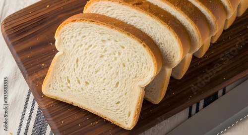Slices of fresh white sandwich bread lined up on a wooden cutting board ready for toasting or making sandwiches