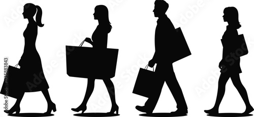 Shopping people silhouettes set with men and women carrying bags, walking shoppers vector collection isolated for retail, fashion sale advertisement and urban lifestyle design