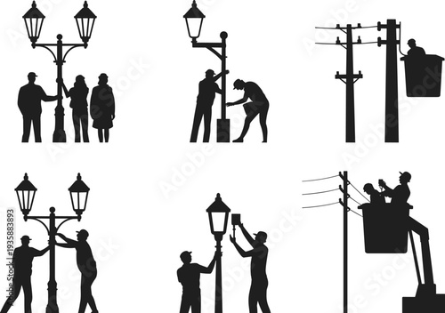 Street lamp installation and maintenance silhouettes set, electricians repairing vintage lanterns and power lines isolated on white background