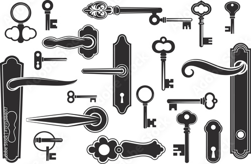 Vintage keys and decorative door handle set, antique lock hardware collection with classic key shapes and ornate door handles vector illustration
