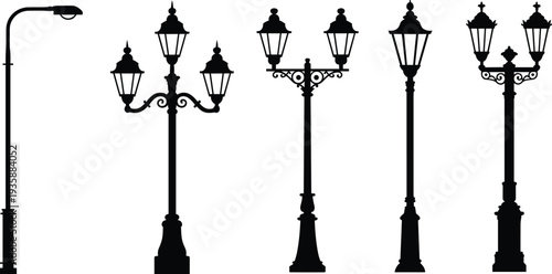 Vintage street lamp silhouette collection, classic city streetlight poles and lanterns, urban lighting design elements, decorative lamp post vector illustration set