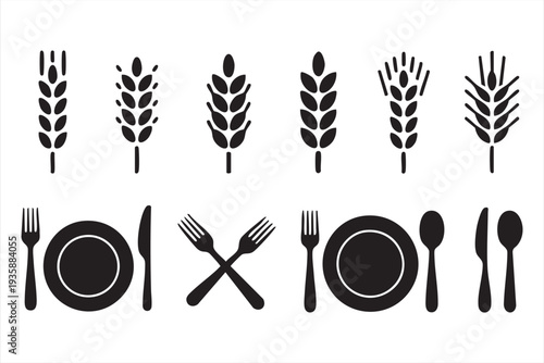 Minimal wheat and utensil icons for organic food marketing and packaging