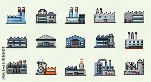 Collection of Industrial Factory Buildings Icons Set.