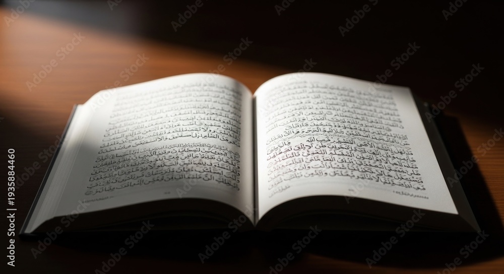 Fototapeta premium Open book with Arabic script lies on a wooden surface in soft, directional light