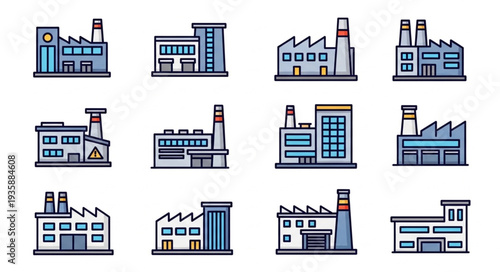 Collection of Industrial Factory Buildings Vector Icons.