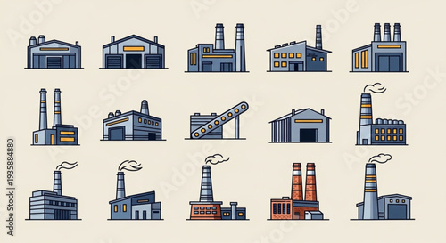 Collection of Industrial Factory Buildings with Chimneys and Silos.