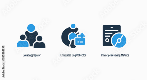 Collection of three flat design icons representing data management and privacy concepts: event aggregation, encrypted logging, and privacy-preserving metrics.