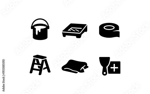 Collection of black icons representing home renovation and painting tools on a white background
