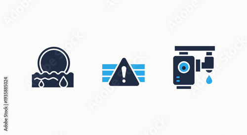 Water Quality Monitoring and Industrial Leakage Detection Warning Icons for Environmental Safety Management