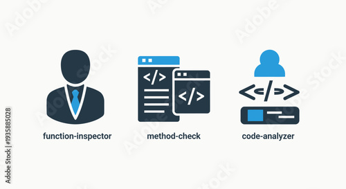 Software Engineering and Coding Analysis Icon Set for Function Inspection Method Check and Code Analyzer Tools