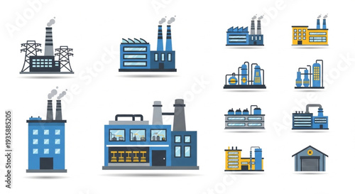Collection of industrial factory buildings with smoke stacks.