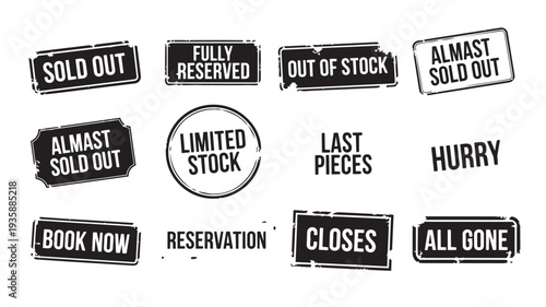Collection of black grunge sale stickers with limited stock and sold out labels in distressed texture for promotional marketing