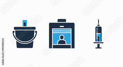 Icons representing a bucket, an elevator with a person, and a syringe, symbolizing collection, transport, and medical treatment concepts