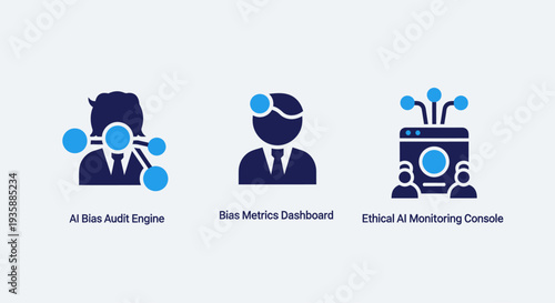 Icons illustrating AI bias audit engine, bias metrics dashboard, and ethical AI monitoring console for technology and business analysis