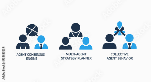 Abstract icons representing agent consensus, multi-agent strategy planning, and collective agent behavior in business and technology contexts