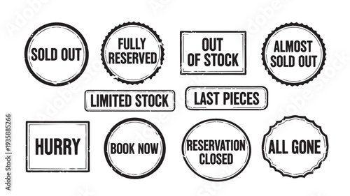 Set of black and white sale stamps in various shapes and textures for e-commerce and marketing