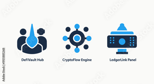 Icons for DeFi vault hub, crypto flow engine, and LedgerLink panel, representing decentralized finance and blockchain technology