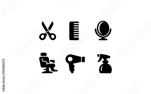 Collection of black icons representing barber shop and hair salon tools and furniture