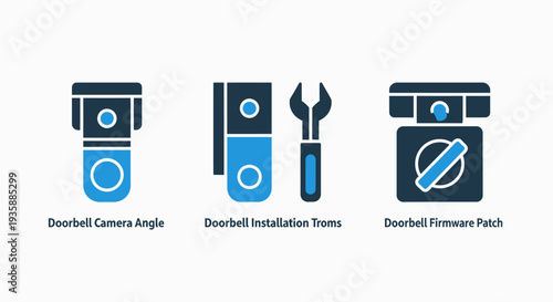 Smart doorbell security icons: camera view, installation tools, and firmware update. Modern vector graphics for home security and technology.