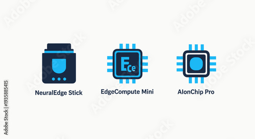 Set of icons for advanced computing and AI: Neural Edge Stick, Edge Compute Mini, and AlonChip Pro, representing hardware and processing technology.