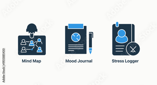 Icons illustrating mental wellness and organization: mind map, mood journal, and stress logger, for personal development and therapy concepts.