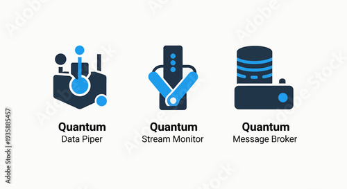 Icons representing quantum computing concepts: data piper, stream monitor, and message broker, for advanced technology and data science.
