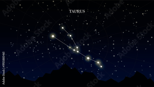 Taurus zodiac constellation on a dark night sky background with stars, astrology, astronomy vector design elements